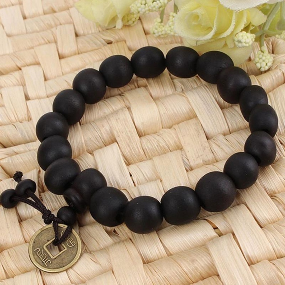 Wooden Buddhist Prayer Beads Bracelet w/Coin Charm